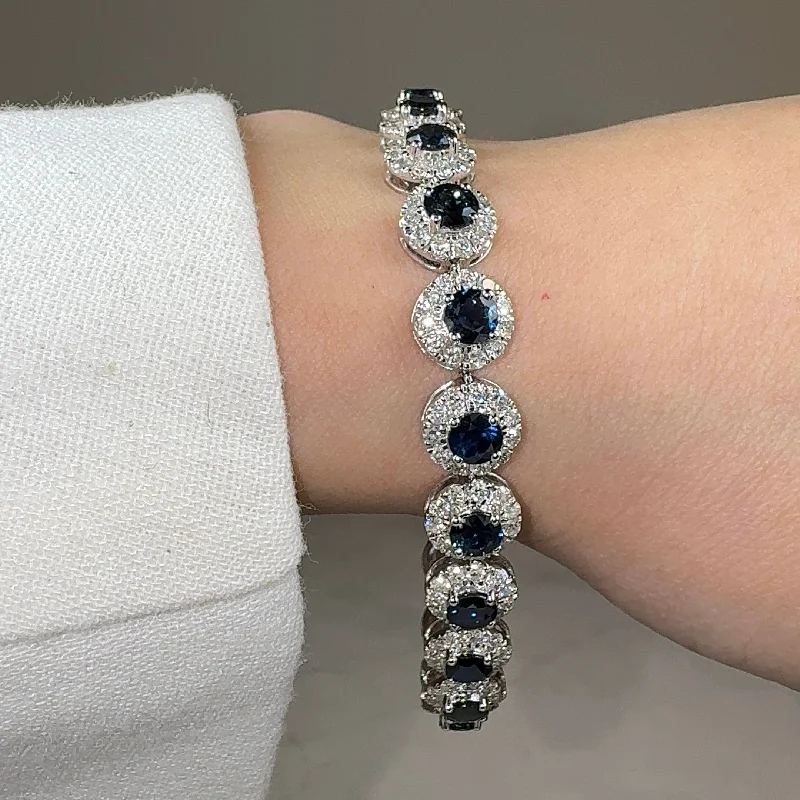 Ladies bracelets boho vibes-Round Brilliant Shape 8.5 Carat Sapphire Center Featuring Diamond Halo Bracelet BRHARBS