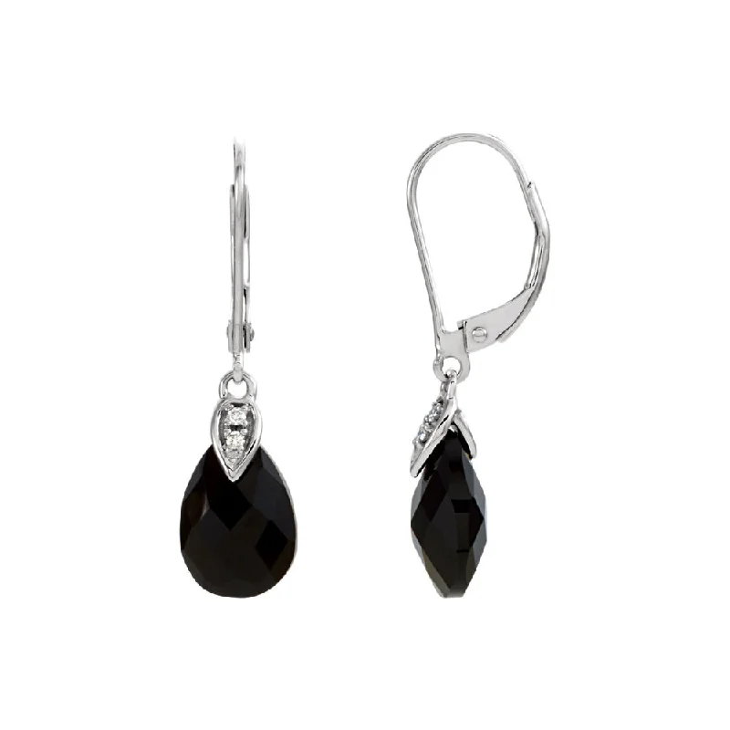 Ladies earrings heartfelt keepsakes-Black Onyx Briolette & Diamond Lever Back Earrings in 14k White Gold