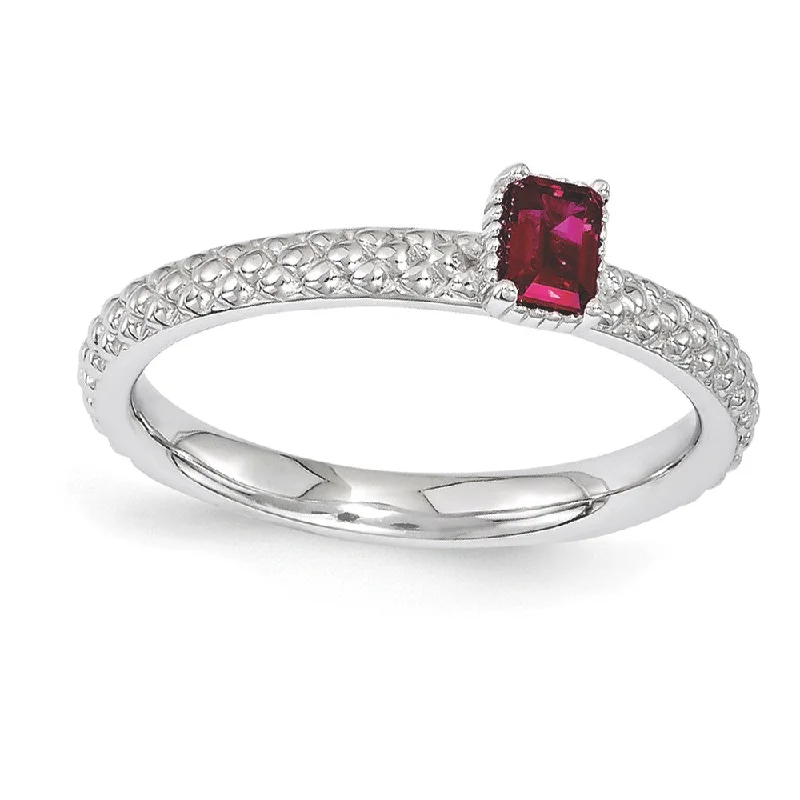 Ladies rings handmade pieces-Sterling Silver Stackable Created Ruby Octagon Solitaire Ring