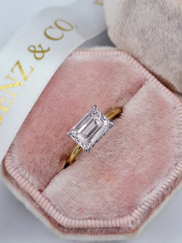 Ladies engagement rings buyer reviews-2.36 Carats Lab Grown Emerald Cut East-West Two Tone Solitaire Hidden Halo Diamond Engagement Ring