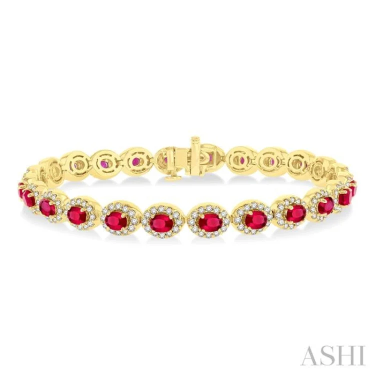 Ladies bracelets cultural flair-2 1/6 ctw Oval Cut 4X3MM Ruby and Round Cut Diamond Halo Precious Tennis Bracelet in 14K Yellow Gold