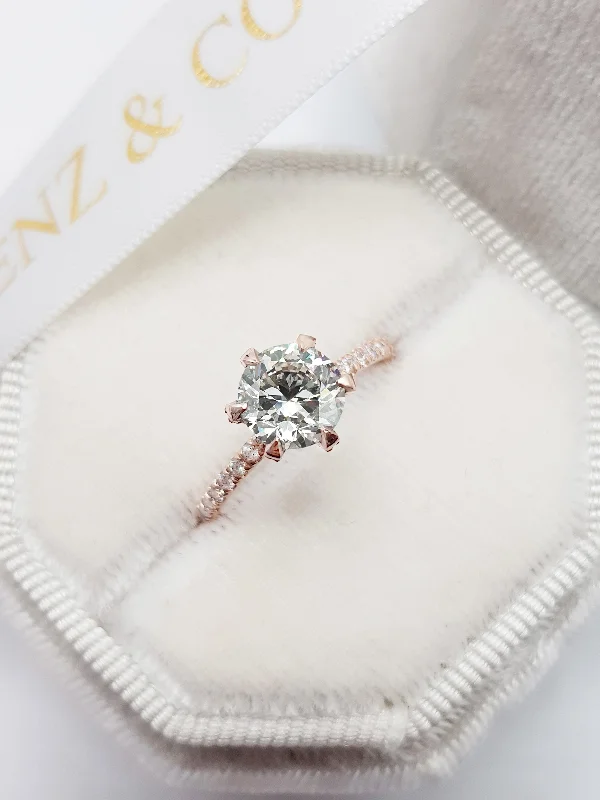 Ladies engagement rings warranty options-1.54 Carats Round Brilliant Cut Micropave Side Stones Accented Prongs Diamond Engagement Ring in Rose Gold