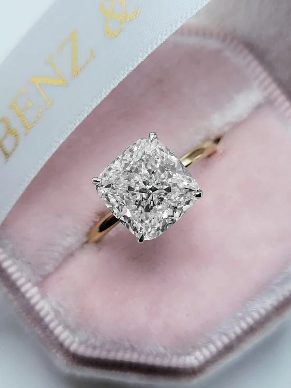 Ladies engagement rings lavish appeal-5.20 Carats Lab Grown Cushion Cut Two Tone Solitaire Hidden Halo Diamond Engagement Ring