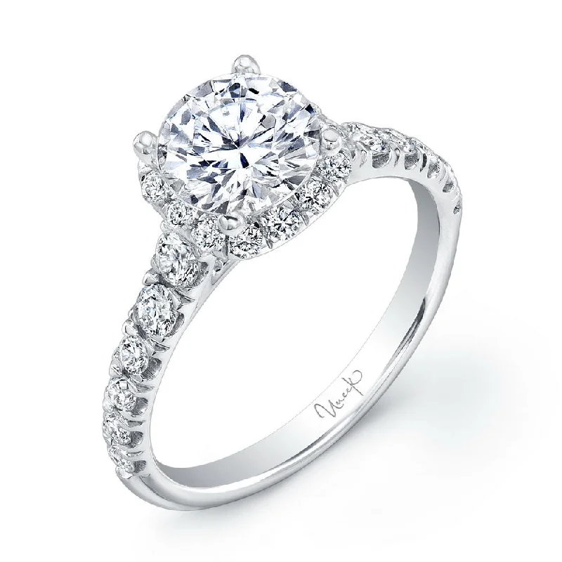 Ladies engagement rings romantic picks-Uneek Round Diamond Halo Engagement Ring with Graduated Melee Diamonds U-Pave Set on Upper Shank