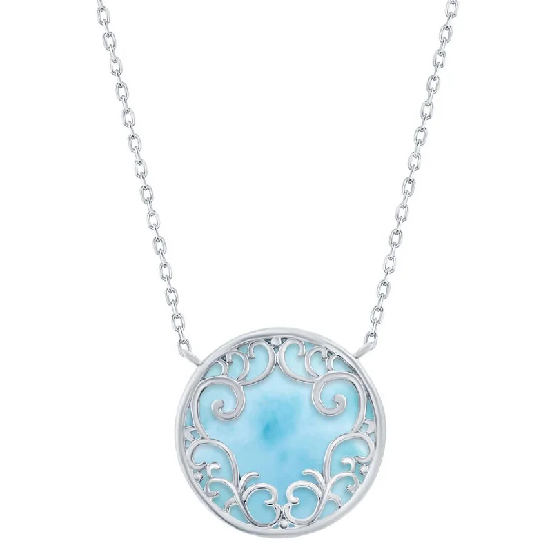 Ladies necklaces romantic gifts-Caribbean Treasures Women's Necklace - Silver Round Larimar Filigree Design | M-6695