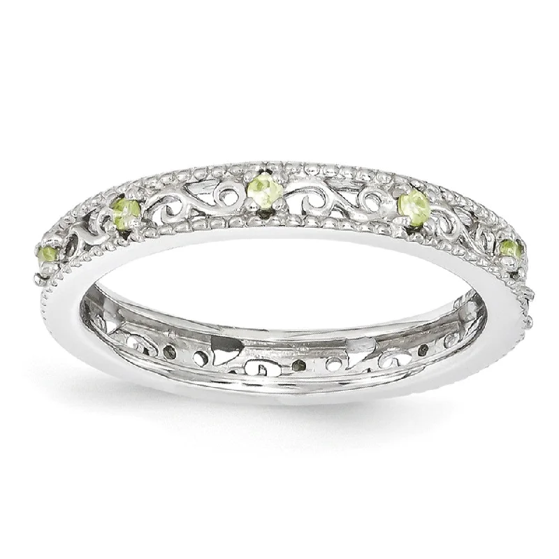 Ladies rings fashion trends-3mm Sterling Silver Stackable Expressions Peridot Scroll Band