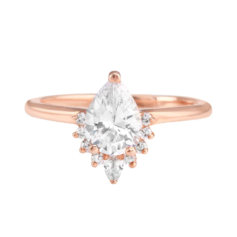 Ladies engagement rings vintage charm-Pear Diamond Half Starburst Halo Engagement Ring