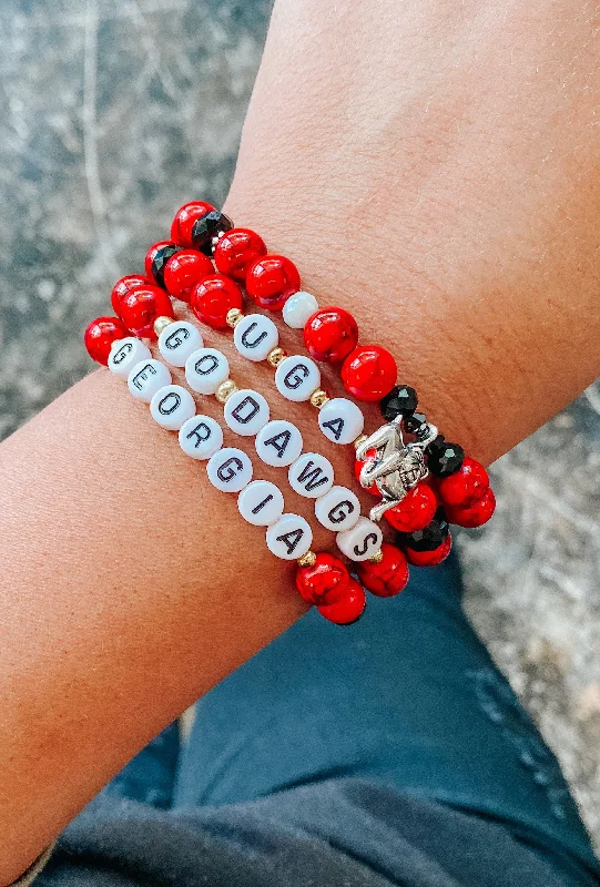 Ladies bracelets stacked looks-UGA Letter Stretch Bracelet