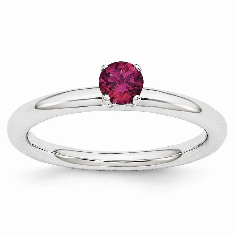 Ladies rings everyday wear-Rhodium Plated Sterling Silver Stackable 4mm Round Created Ruby Ring