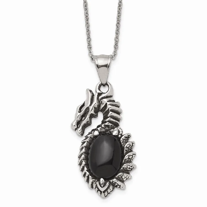 Ladies necklaces rare collectibles-Stainless Steel Antiqued & Polished w/ Black Glass Dragon Necklace