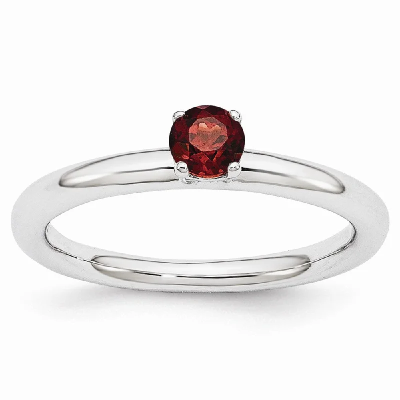 Ladies rings Asian-inspired-Rhodium Plated Sterling Silver Stackable 4mm Round Garnet Ring