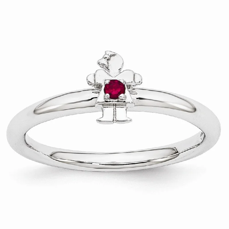 Ladies rings diamond accents-Rhodium Plated Sterling Silver Stackable Created Ruby 7mm Girl Ring