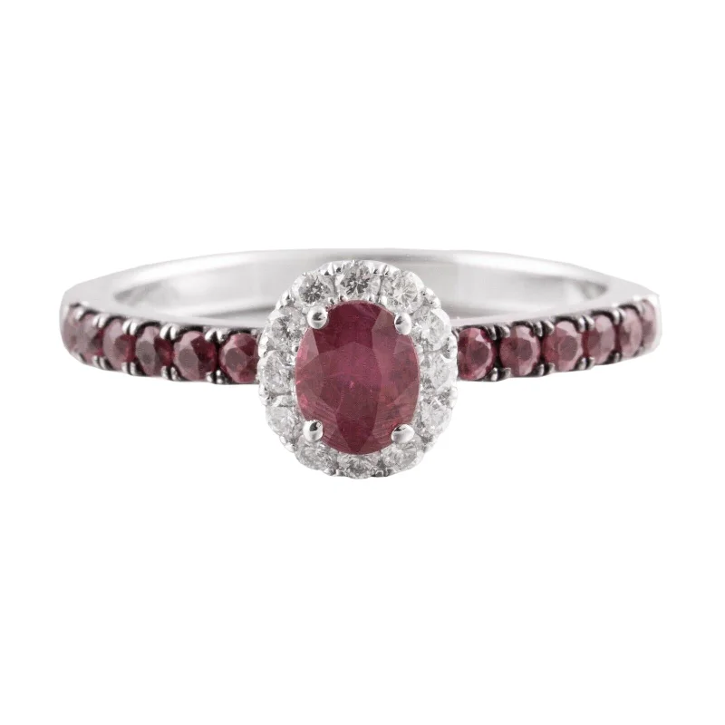 Ladies engagement rings timeless beauty-18k White Gold 1.33ctw Ruby & 0.25ctw Diamond Halo Engagement Ring sz. 6.75