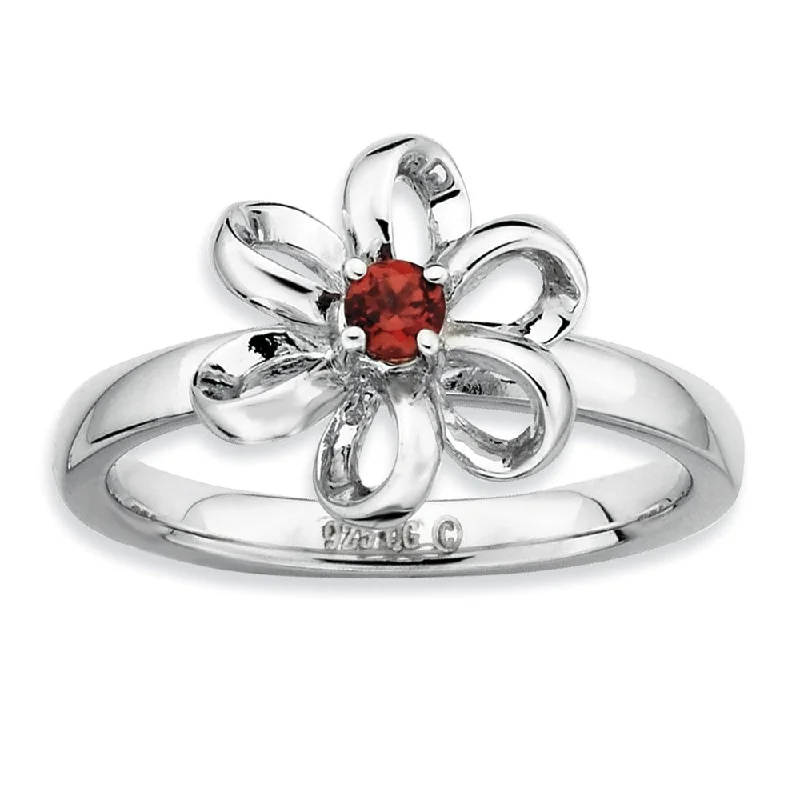 Ladies rings emotional keepsakes-Sterling Silver Stackable Faceted Garnet Looped Petal Flower Ring