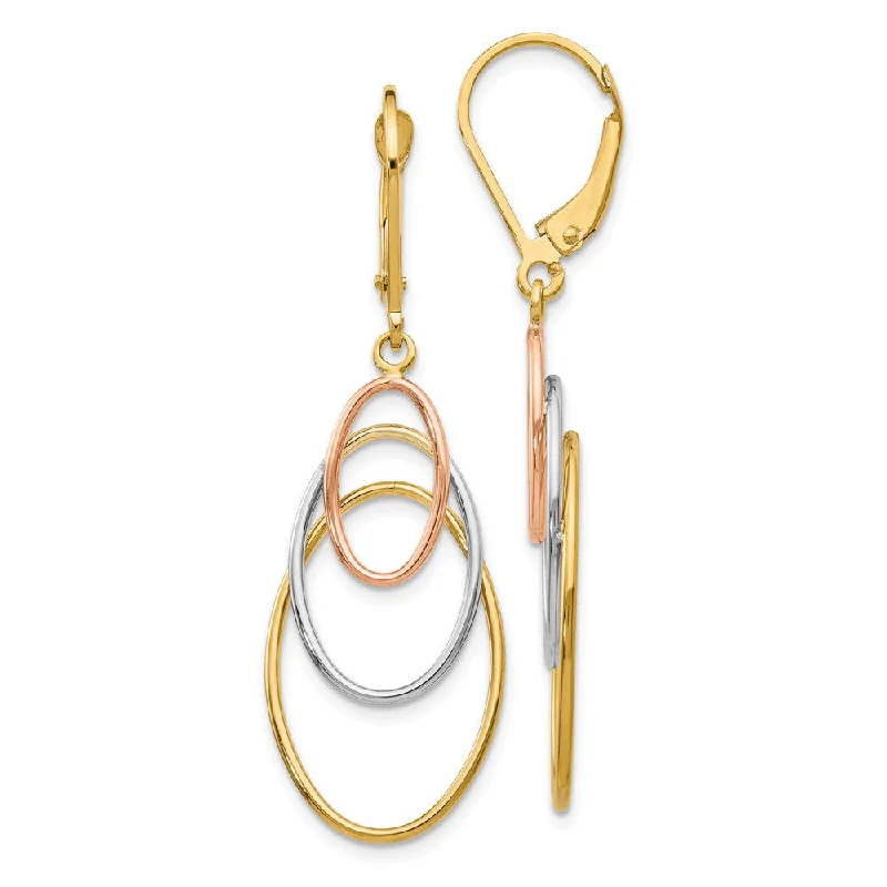 Ladies earrings geometric shapes-14k Tri-Color Gold Triple Oval Dangle Earrings, 45mm (1 3/4 Inch)