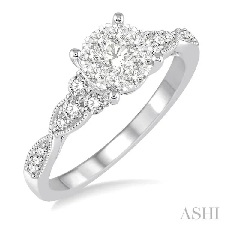 Ladies engagement rings boho designs-1/2 Ctw Round Cut Diamond Lovebright Engagement Ring in 14K White Gold