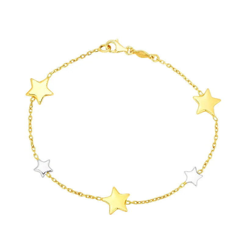 Ladies bracelets faux jewels-14kt Gold 7.5 inches Yellow+White Rhodium Finish 9.6mm Shiny Star Star Stationed Bracelet with Lobster Clasp