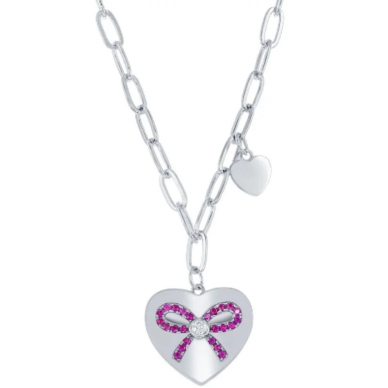 Ladies necklaces white gold-Classic Women's Necklace - Sterling Heart with Ruby CZ Ribbon Paperclip | M-6782