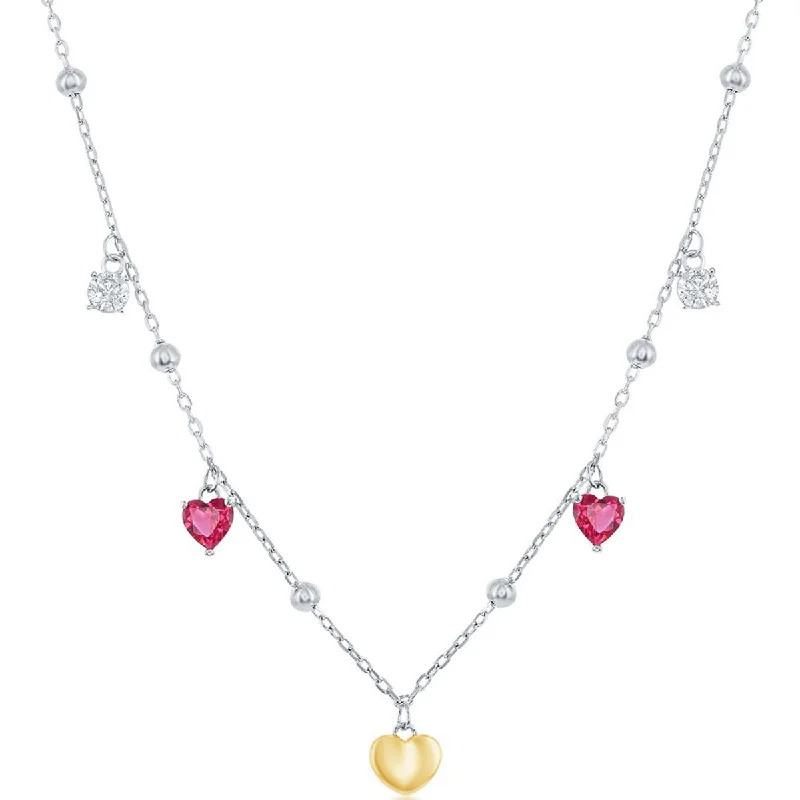 Ladies necklaces promo deals-Classic Women's Necklace - GP Sterling Silver White and Ruby CZ Heart Beaded | M-6941