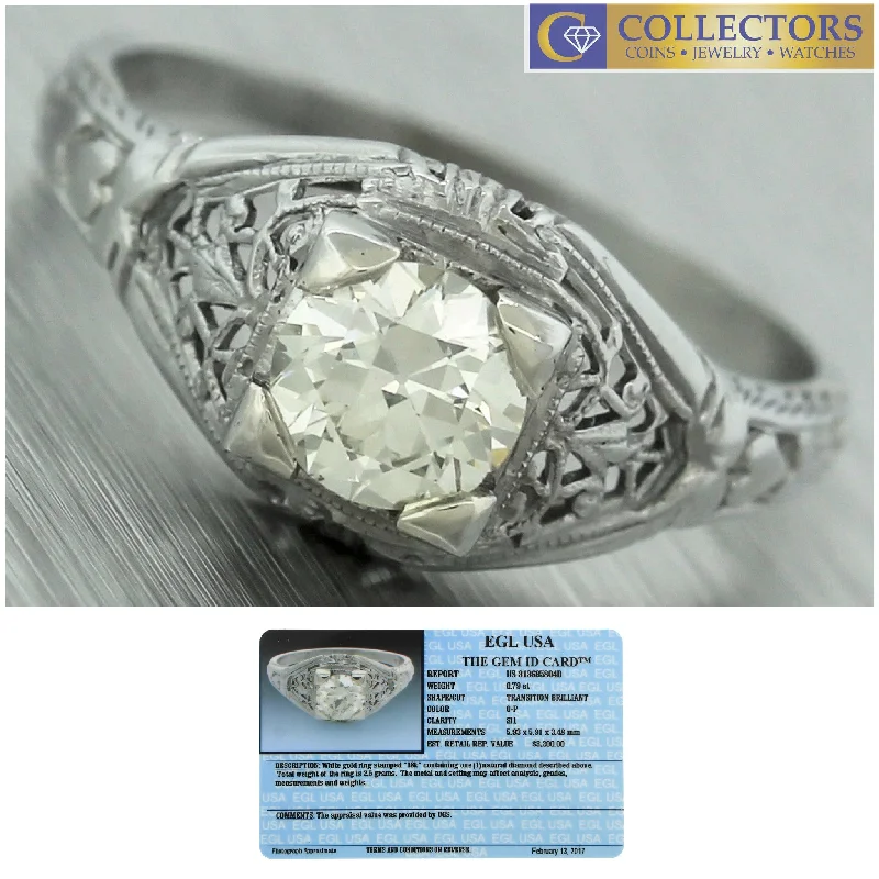 Ladies engagement rings edgy flair-Antique Art Deco 18K White Gold Filigree 0.79ct Diamond Engagement Ring EGL USA