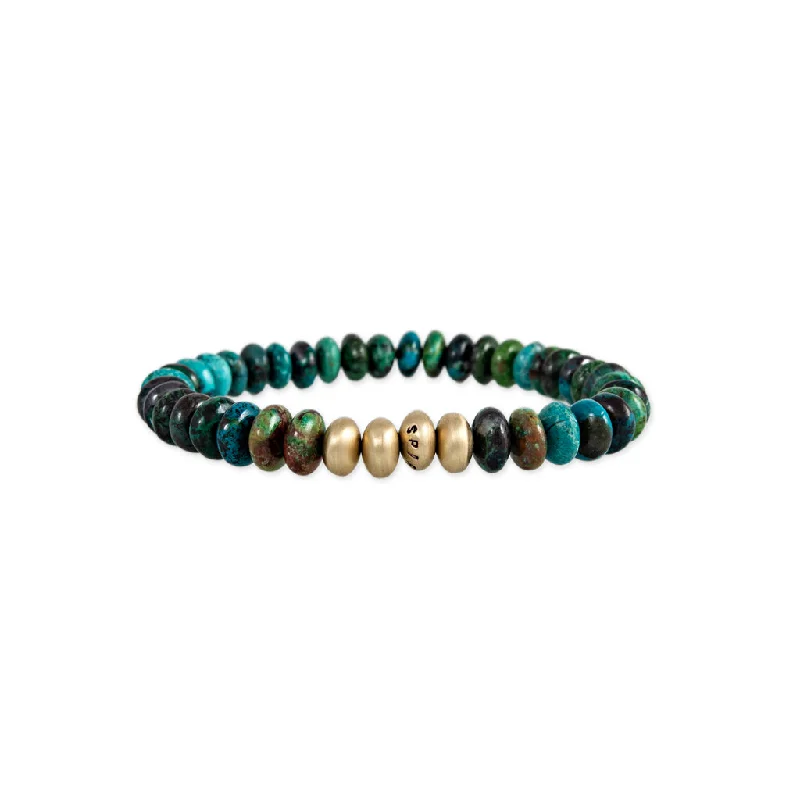 Ladies bracelets artistic designs-4 SATIN GOLD BEADS + CHRYSOCOLLA BEADED STRETCH BRACELET