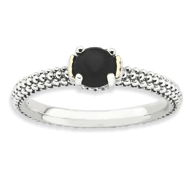 Ladies rings wedding accessories-Antiqued Sterling Silver & 14K Gold Plated Stackable Onyx Ring