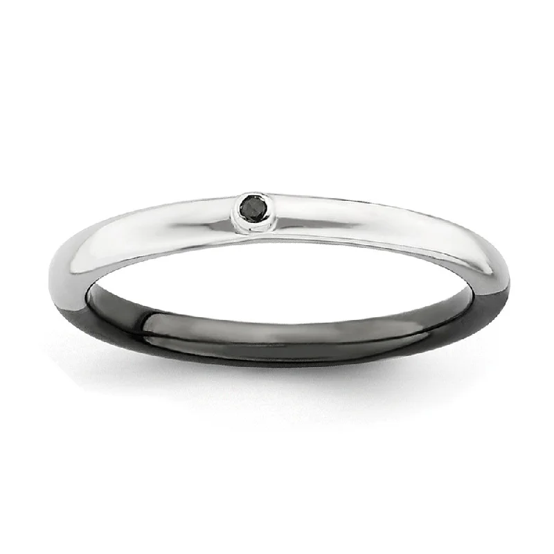 Ladies rings designer brands-Stackable Reversible Black Plated & Silver .02 Ctw I3 Diamond Band