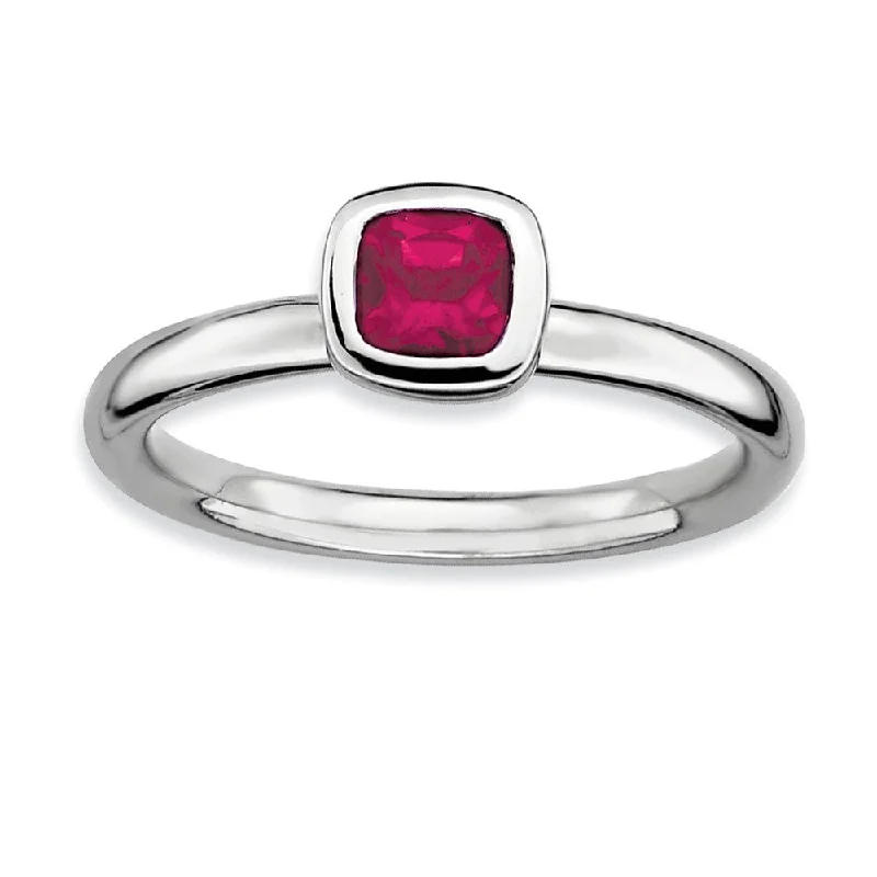 Ladies rings celebrity styles-Sterling Silver Stackable Cushion Cut Created Ruby Solitaire Ring