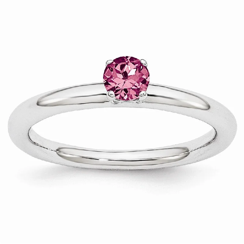 Ladies rings price options-Rhodium Plated Sterling Silver Stackable 4mm Pink Tourmaline Ring