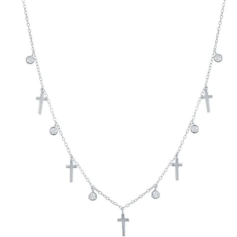 Ladies necklaces sibling sets-Classic Women's Necklace - Sterling Silver Alternating Cross and Bezel-Set CZ | M-6802