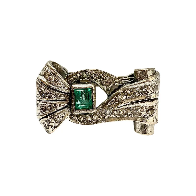 Ladies rings celebrity styles-14K White Gold Vintage Ring with Emerald and Diamond