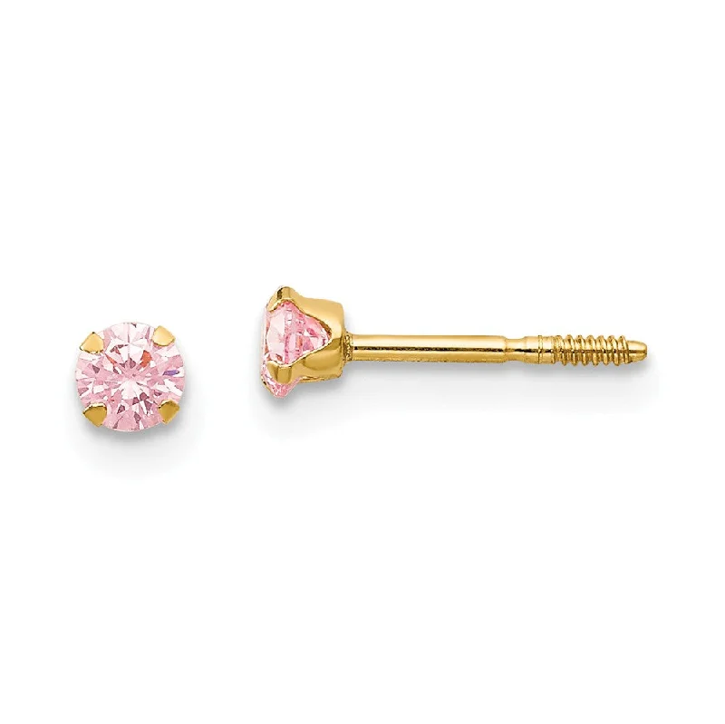 Ladies earrings bold chandeliers-Kids 3mm Pink Cubic Zirconia Stud Screw Back Earrings in 14k Gold