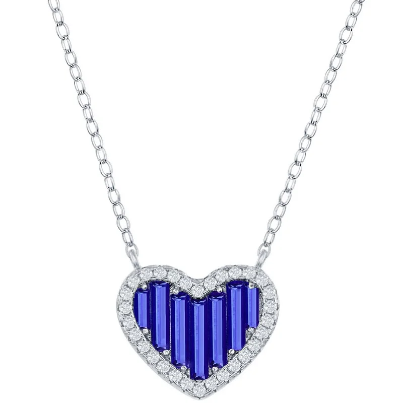 Ladies necklaces pure silver-Classic Women's Necklace - Sterling Silver Blue Round and Baguette CZ Heart | M-6781