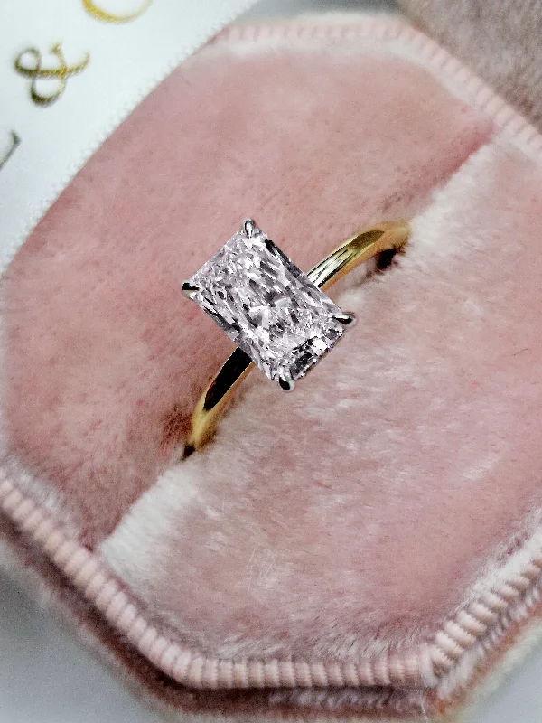 Ladies engagement rings gold bands-1.76 Carats Lab Grown Radiant Cut Two Tone Solitaire Hidden Halo Diamond Engagement Ring