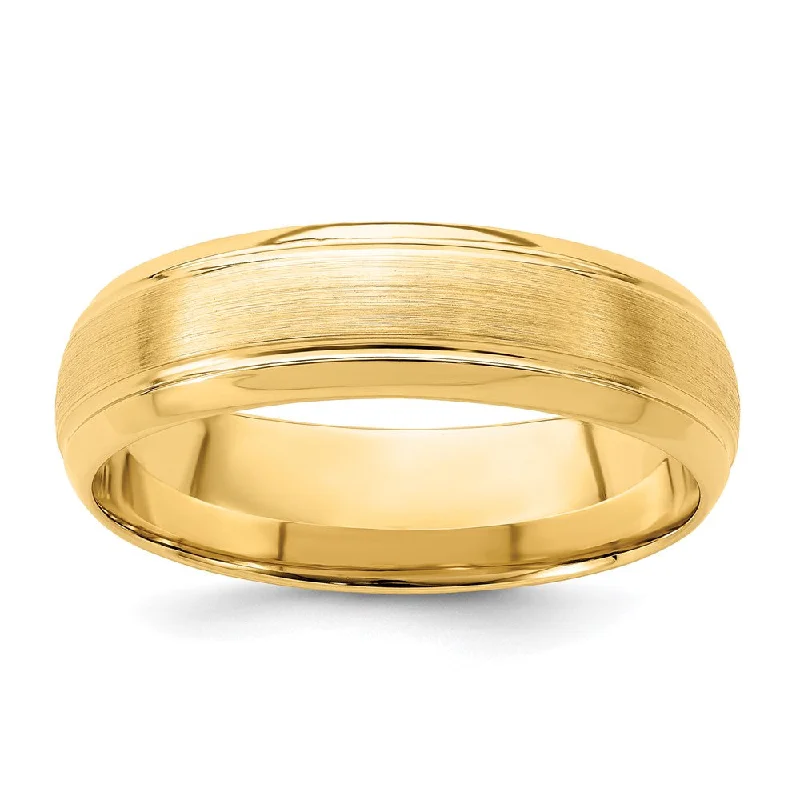 Ladies rings unique designs-6mm 14K Yellow Gold Domed Brushed Grooved Edge Comfort Fit Band