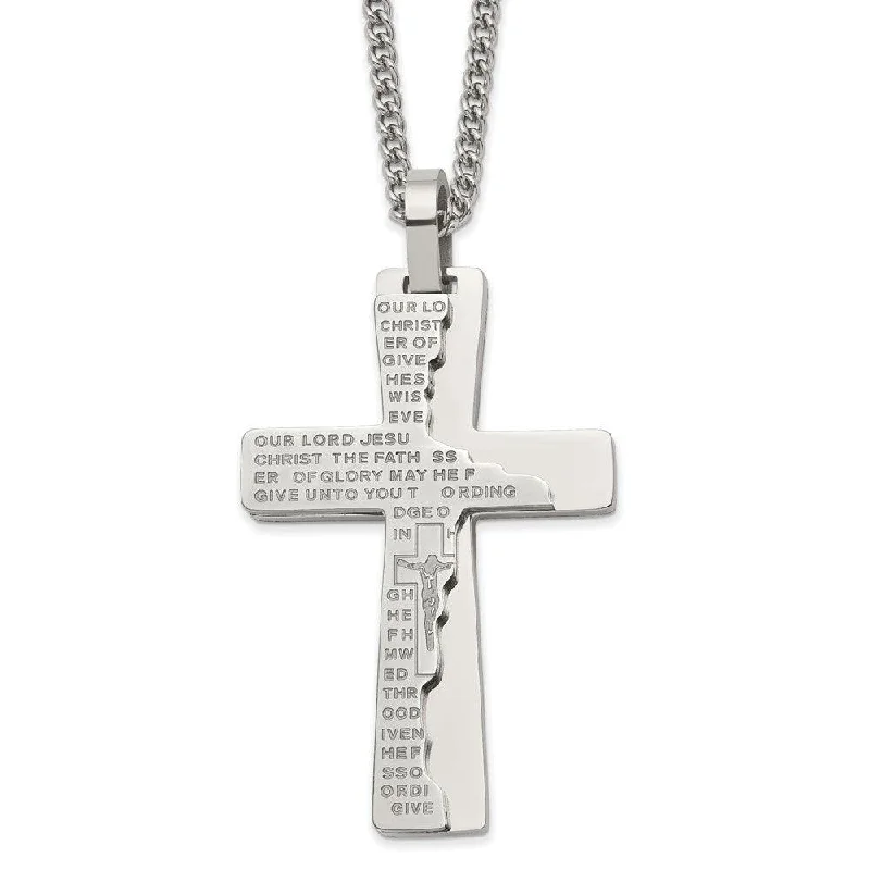 Ladies necklaces vibrant gems-Stainless Steel Polished Etched Broken Prayer Cross 24in Necklace