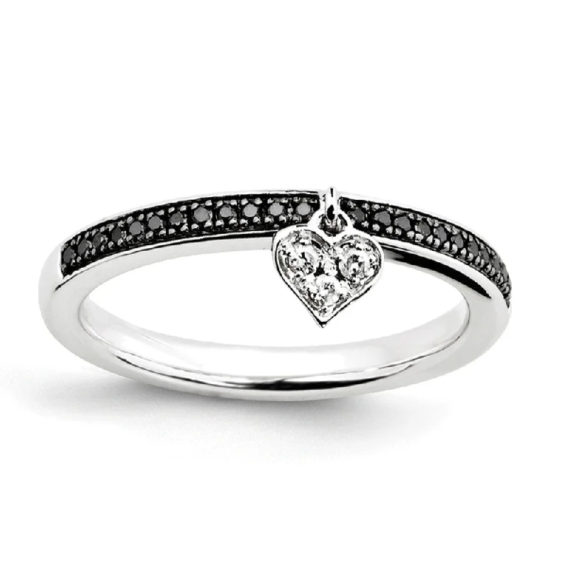 Ladies rings mature appeal-Sterling Silver 4mm Dangle Heart, Black & White Diamond Stackable Ring