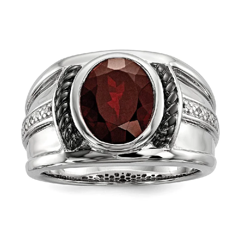 Ladies rings global brands-Mens Two Tone Sterling Silver, Oval Garnet & Diamond Wide Tapered Ring