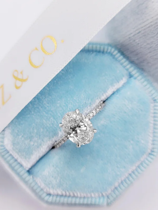 Ladies engagement rings investment pieces-2.01 Carats Oval Cut Micropave Side Stones Hidden Halo Diamond Engagement Ring