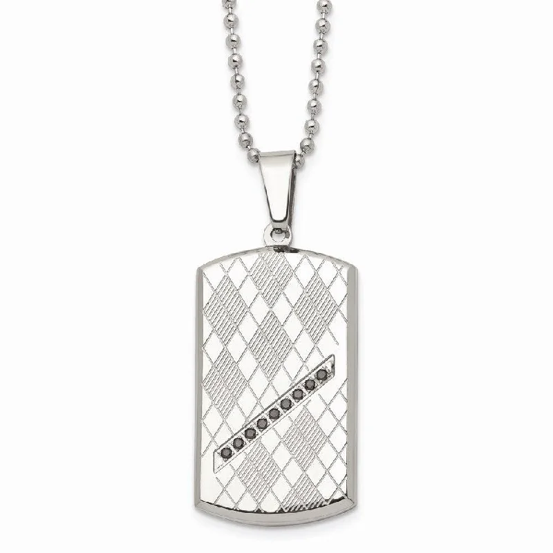 Ladies necklaces love day-Stainless Steel Polished & Textured Black CZ Dog Tag Necklace