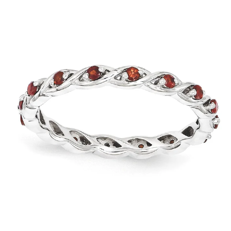 Ladies rings global brands-2.5mm Rhodium Plated Sterling Silver Stackable Garnet Twist Band