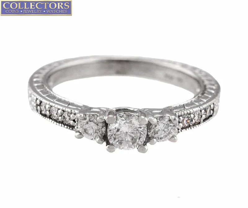 Ladies engagement rings world brands-Ladies Modern 14K White Gold 0.57ctw Diamond Etched Milgrain Engagement Ring