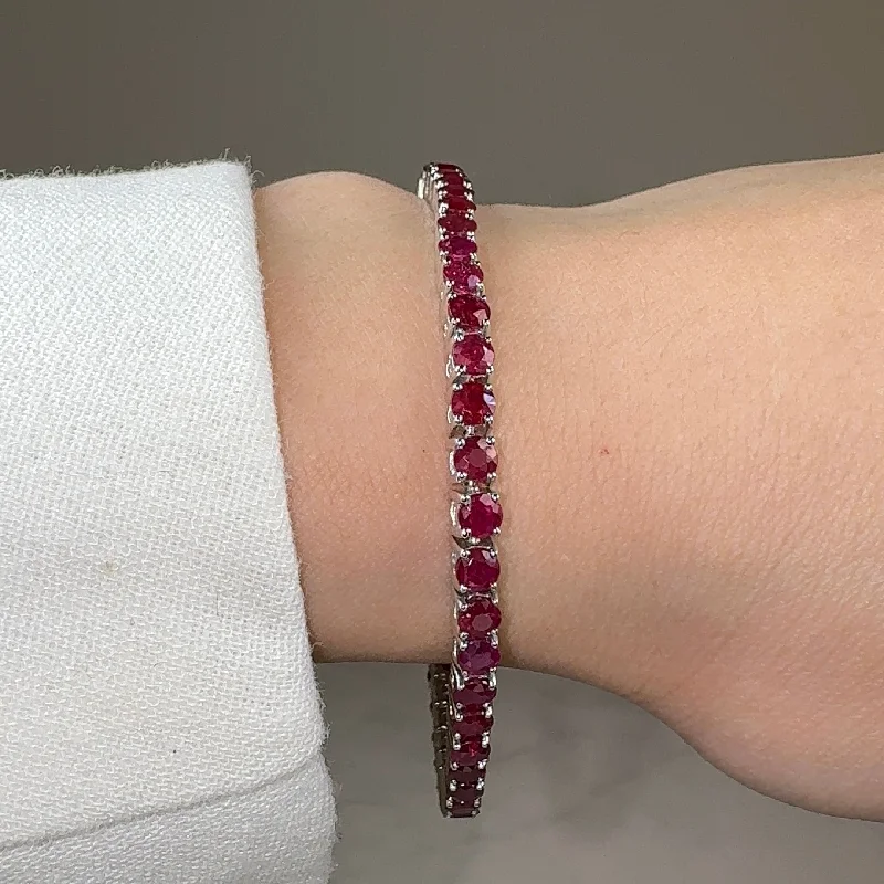 Ladies bracelets charm pieces-Round Cut Red Ruby Stone 4 Claw 18K White Gold Tennis Bracelet HB178