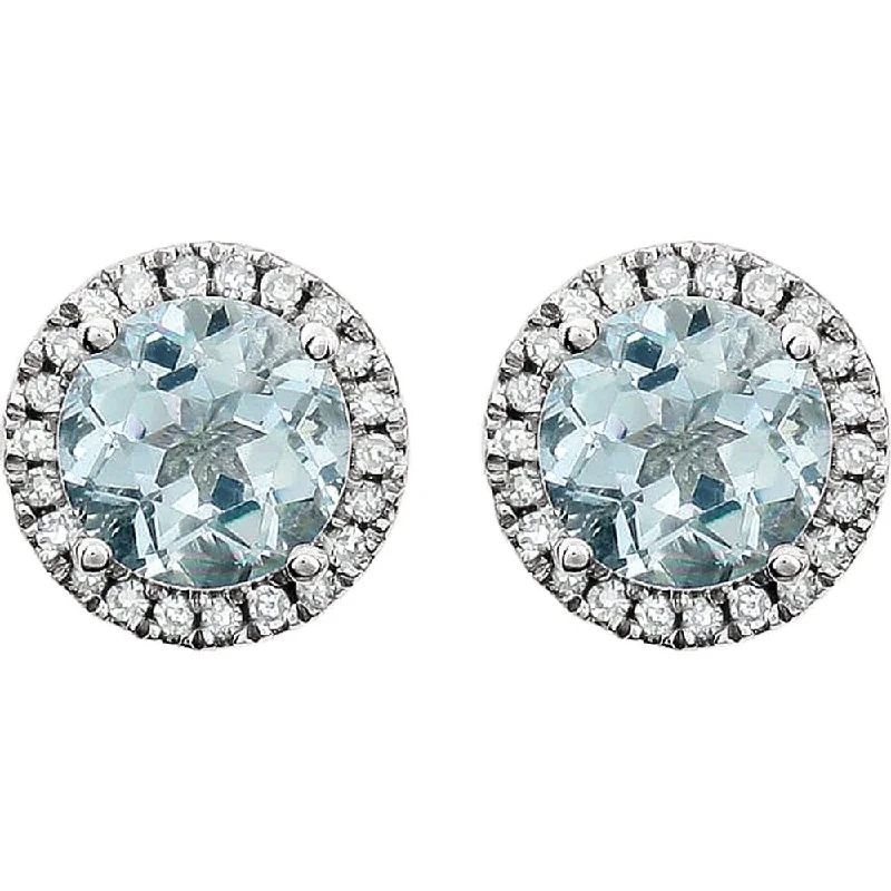 Ladies earrings promo offers-8mm Halo Style Aquamarine & Diamond Earrings in 14k White Gold