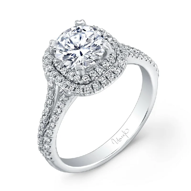 Ladies engagement rings European flair-Uneek Round Diamond Engagement Ring with Dreamy Cushion-Shaped Double Halo and Split Upper Shank