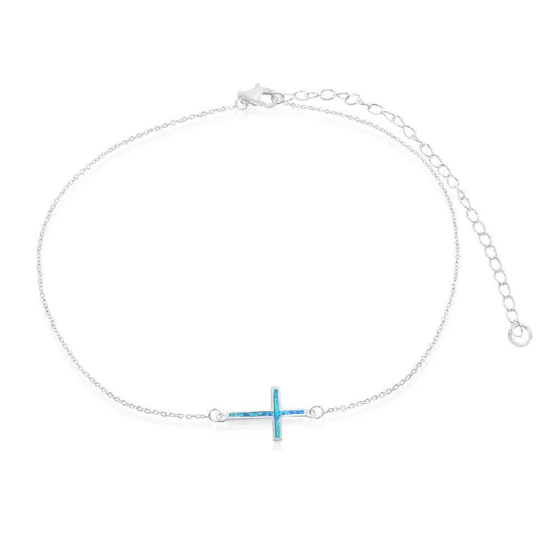 Ladies necklaces rose gold-Sterling Silver Blue Inlay Opal Sideways Cross Choker Necklace