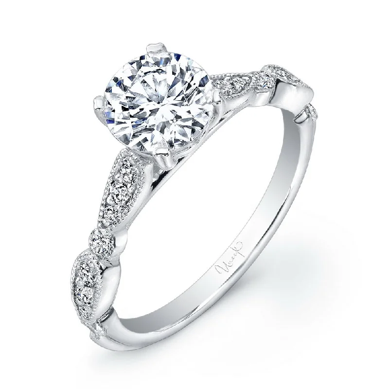 Ladies engagement rings trending styles-Uneek Antique-Inspired Round Diamond Engagement Ring with Milgrain-Edged Upper Shank