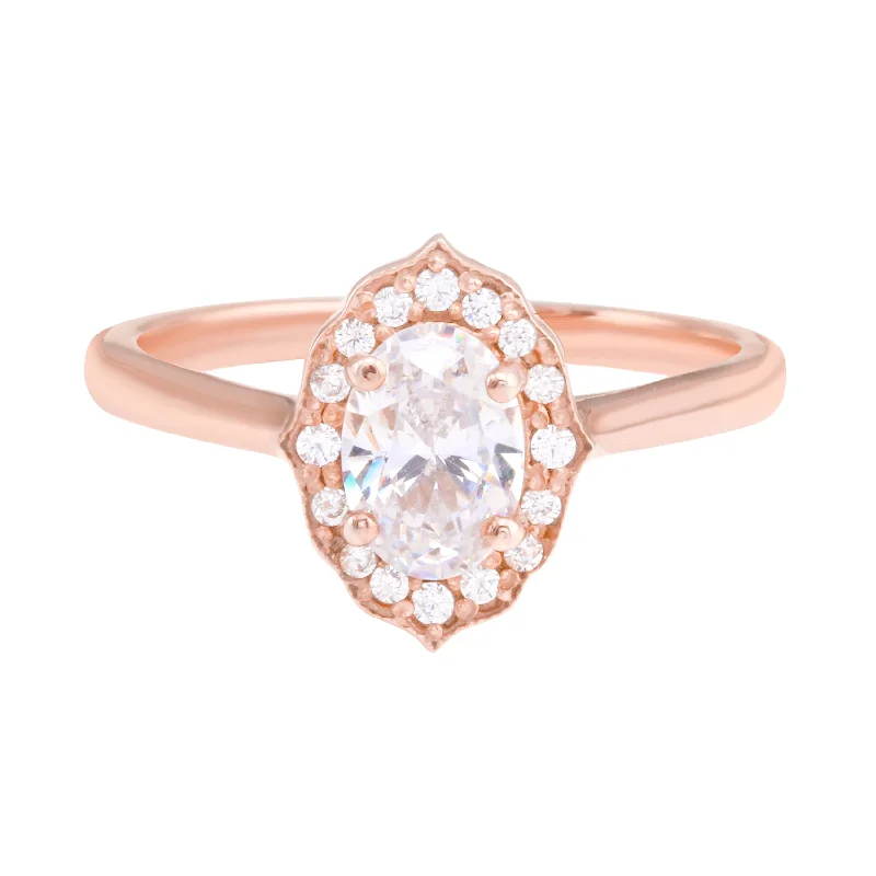 Ladies engagement rings simple elegance-Oval Diamond and Scalloped Halo Engagement Ring