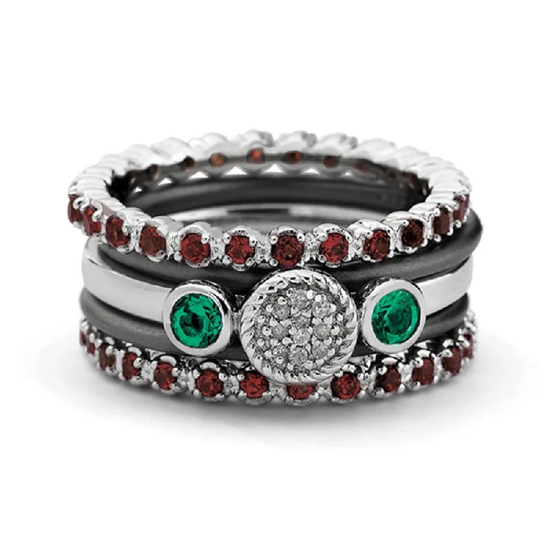 Ladies rings natural stones-Two Tone Sterling Silver Garnet Eternity Stackable Ring Set