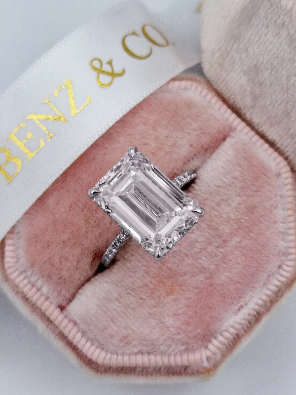 Ladies engagement rings couple sets-8.15 Carats Lab Grown Emerald Cut Micropaved Side Stones Hidden Halo Diamond Engagement Ring